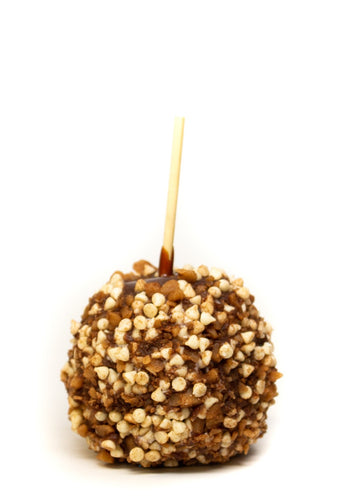 Hand Dipped Caramel Apple Rolled in our Homemade English Toffee, White Chocolate Chips and Cinnamon