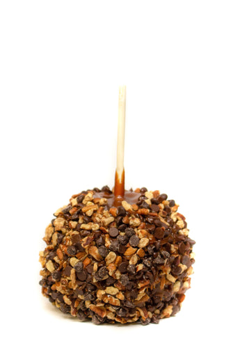 Hand Dipped Caramel Apple Rolled in Pecans and Dark Chocolate Chips