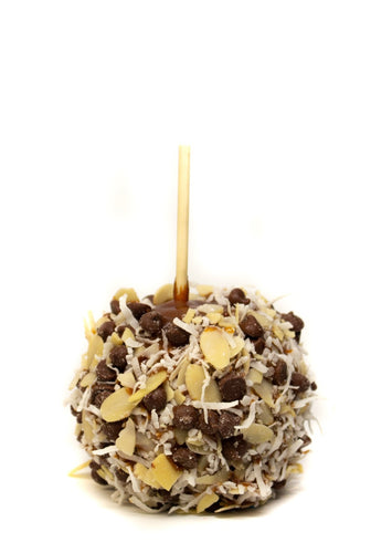 Hand Dipped Caramel Apple Rolled in Milk Chocolate Chips, Slivered Almonds & Shredded Coconut