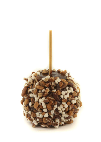 Hand Dipped Caramel Apple Rolled in Pecans, Candied Almonds (Praline) & White Chocolate Chips
